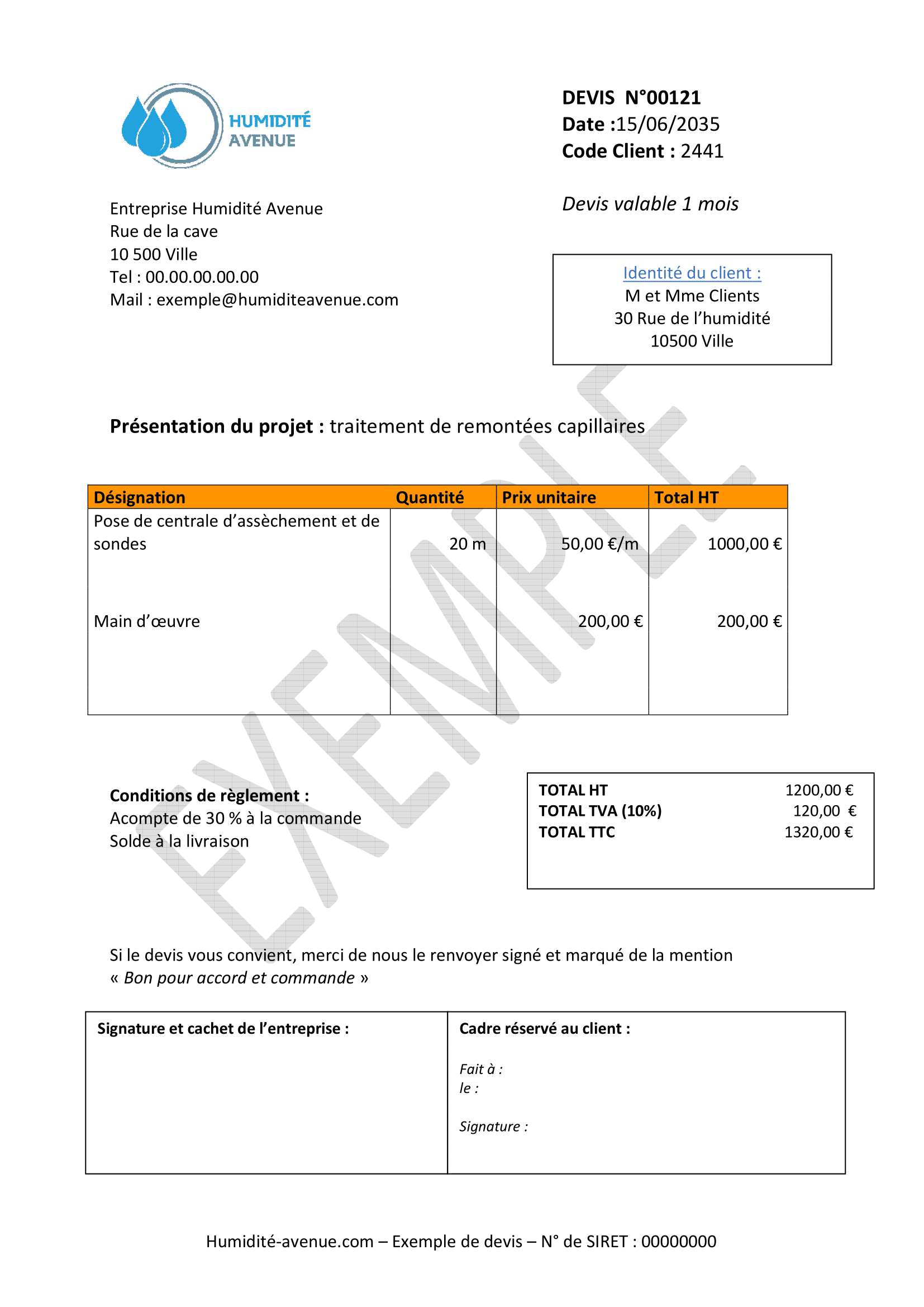 Exemple de devis d'humidité